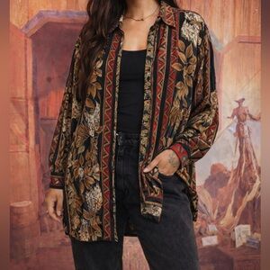Vintage Tall Girl Rayon Button-Up Shirt | Leaf & Geometric Print
